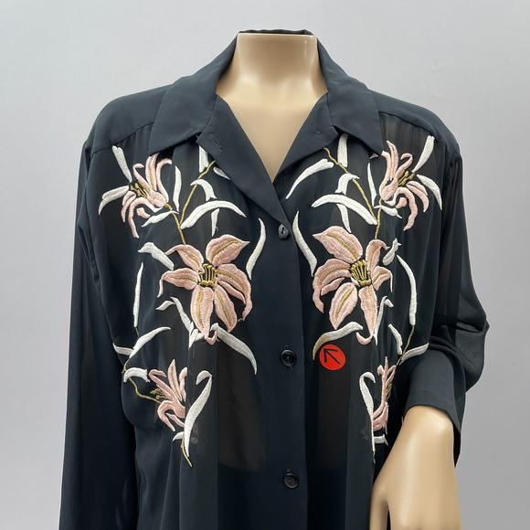 Natori Saks Tunic Top Women S Black Sheer Floral Embroidered Button Up READ - Picture 2 of 10